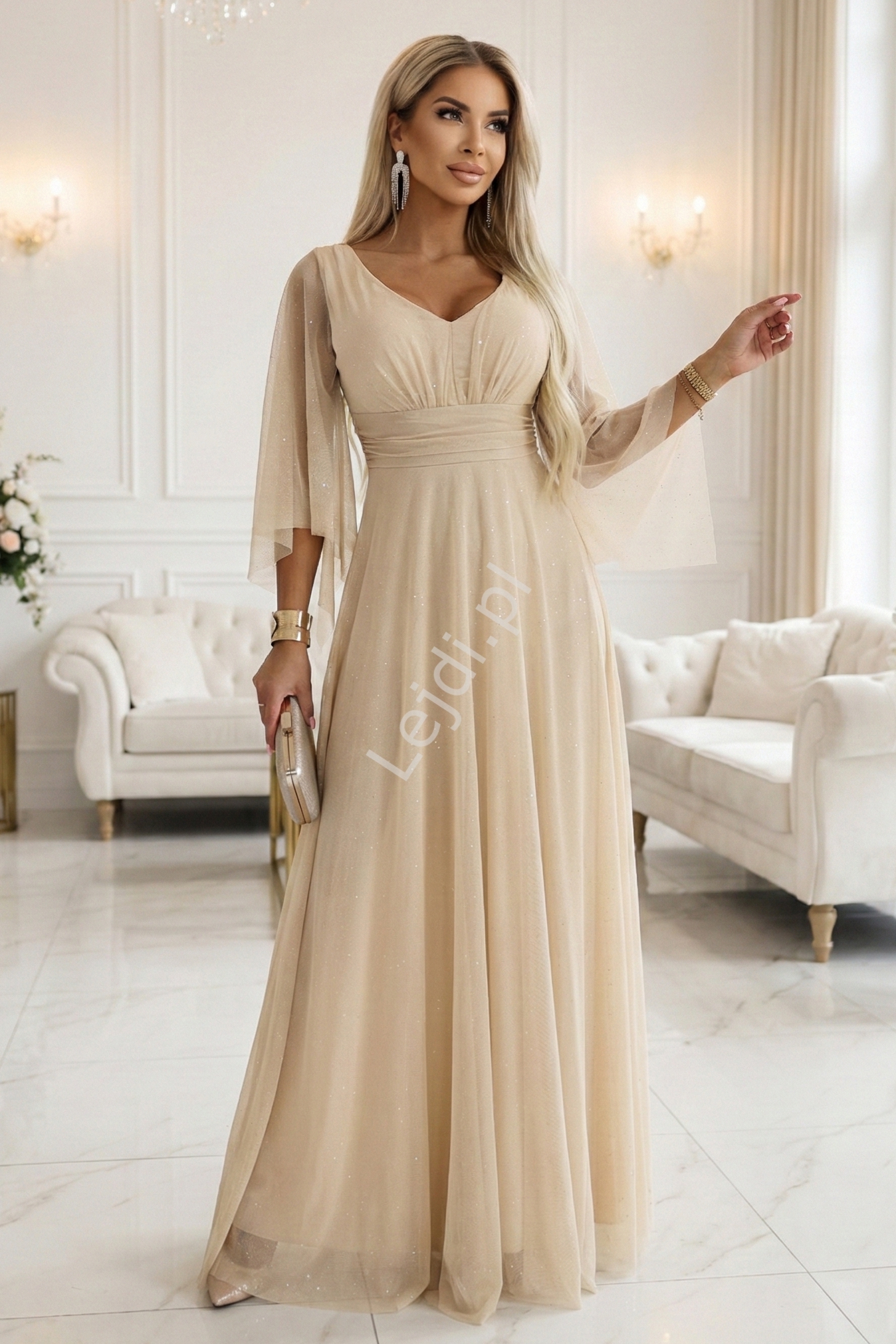 Sukienka wieczorowa z brokatem z rękawem motylkiem, beż 655