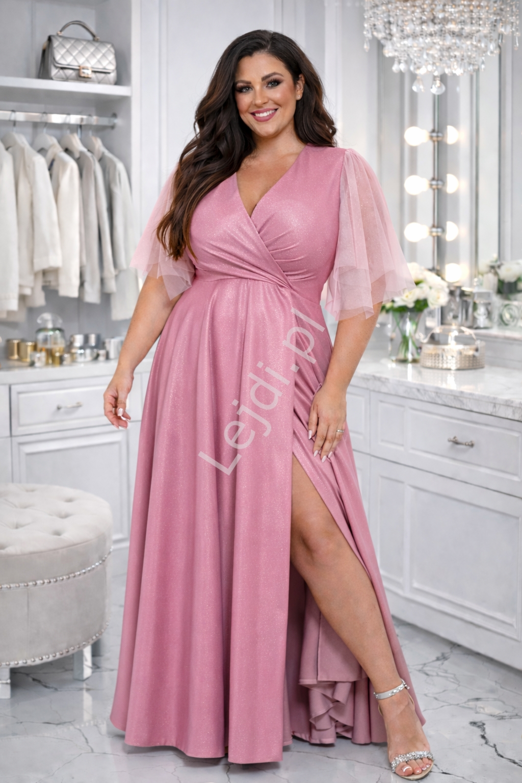 Sukienka na wesele wyszczuplaj�ca z tiulowym r�kawem Evita pustynny r� GlossyPlus Size