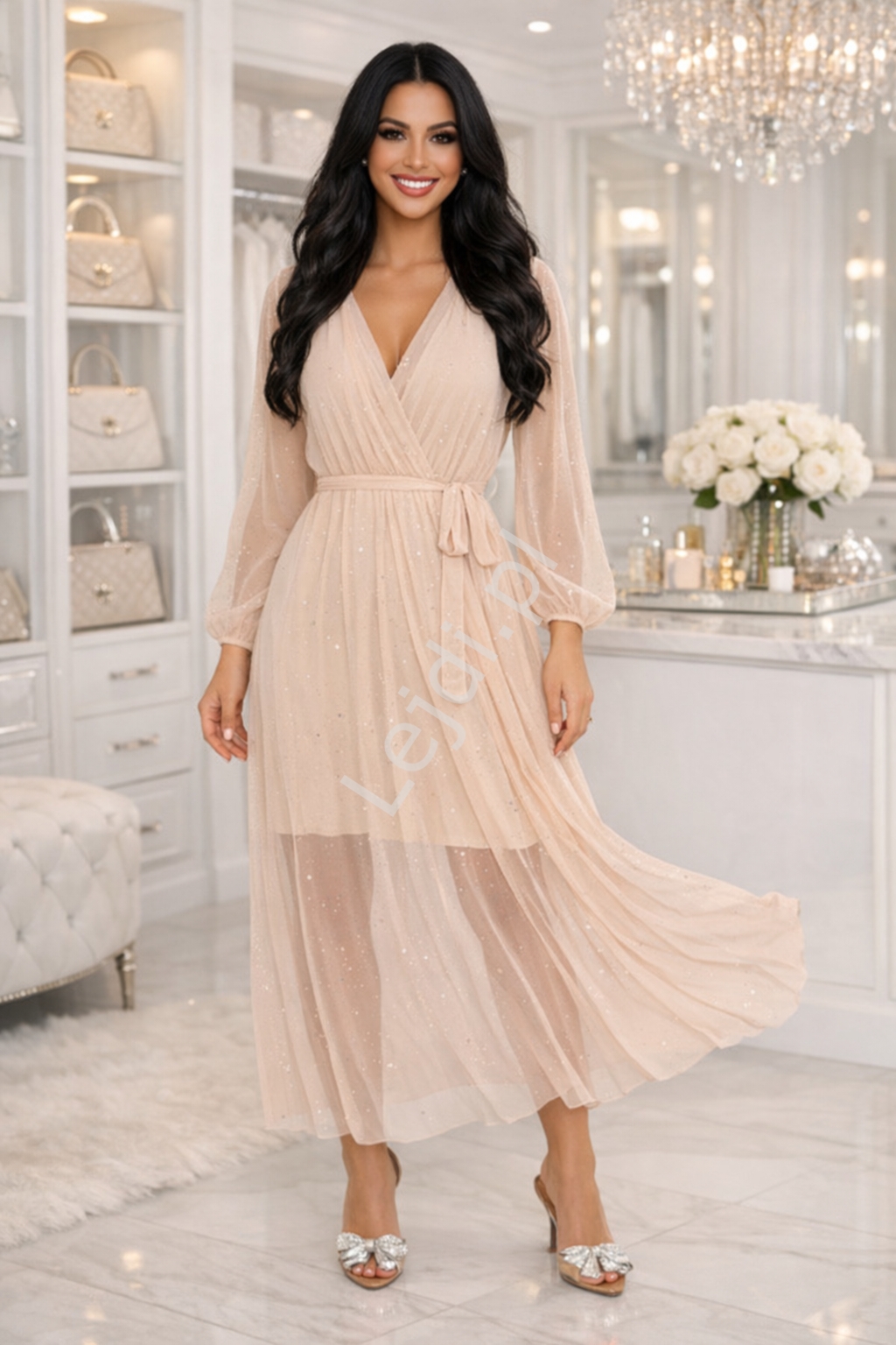 Sukienka wieczorowa be�owa z elastycznej siateczki z mieni�cymi si� drobinkami Sparkle uniwersalna 38 - 46