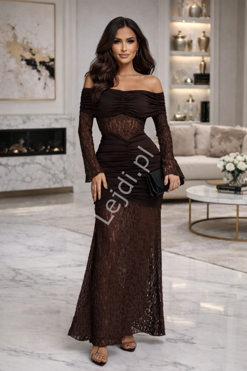 Br�zowa koronkowa sukienka wieczorowa 43806