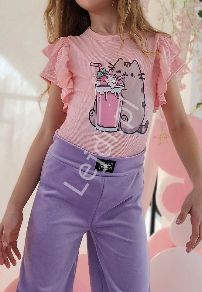 Image of Bluzka prążek z kotem Pusheen shake dla dziewczynki jasny róż
