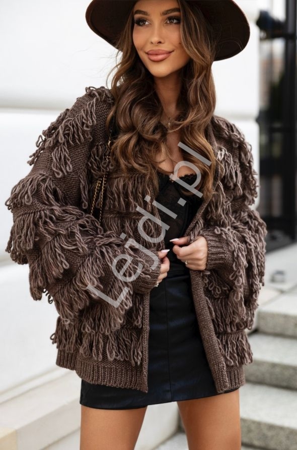 Kardigan damski z frdzlami mokka Fox Polski Producent