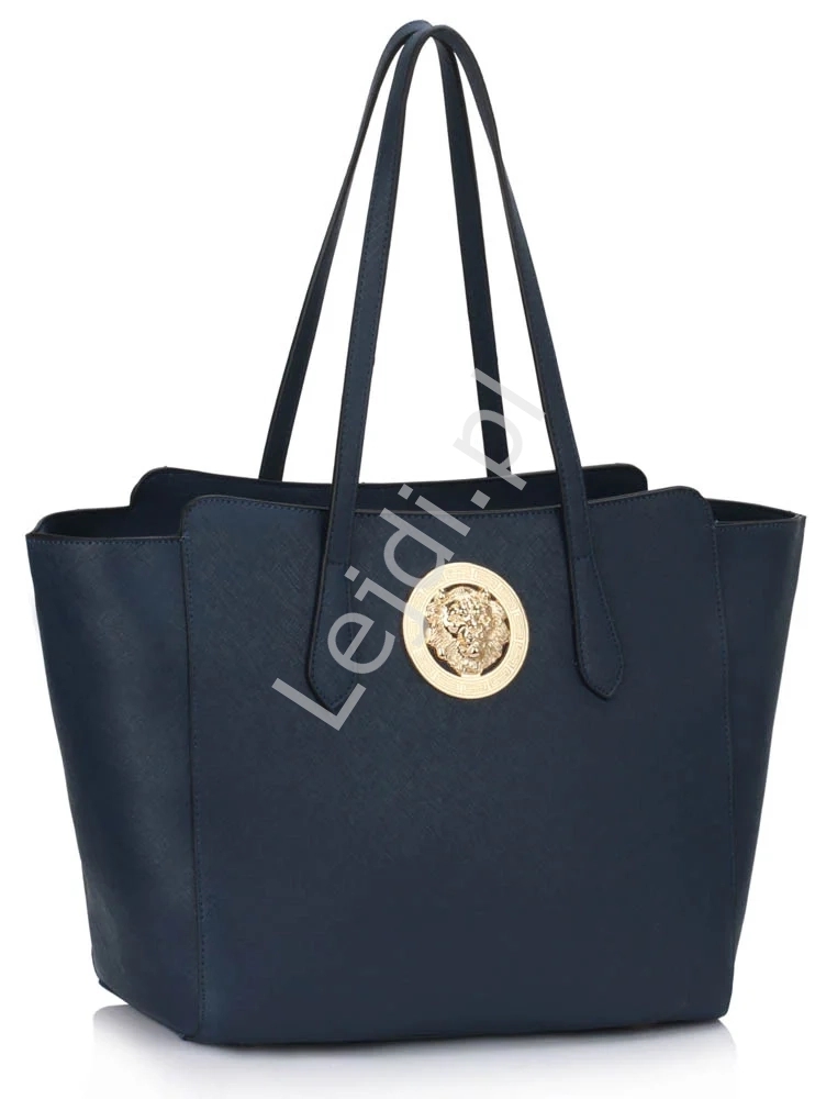 Image of Granatowa duża torebka shopper z złotym lwem 00403