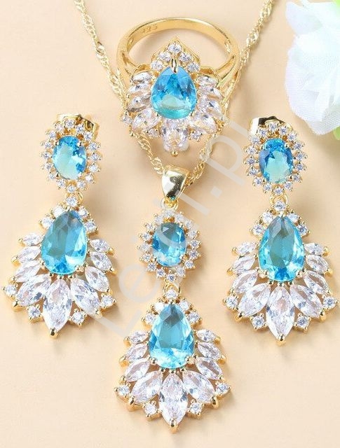 Image of Luksusowy zestaw z niebieskim kryształem pozłacany 3 częściowy