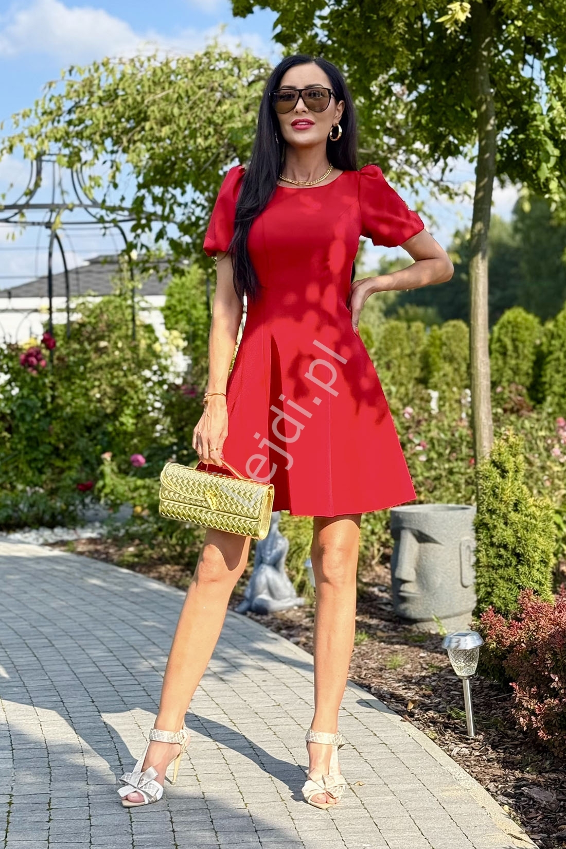 Czerwona sukienka wizytowa krótka elegancka z bufkami linia A Chanel