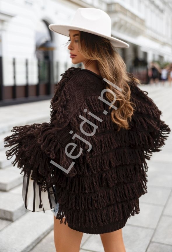 Kardigan damski z frdzlami czekolada Fox Polski Producent