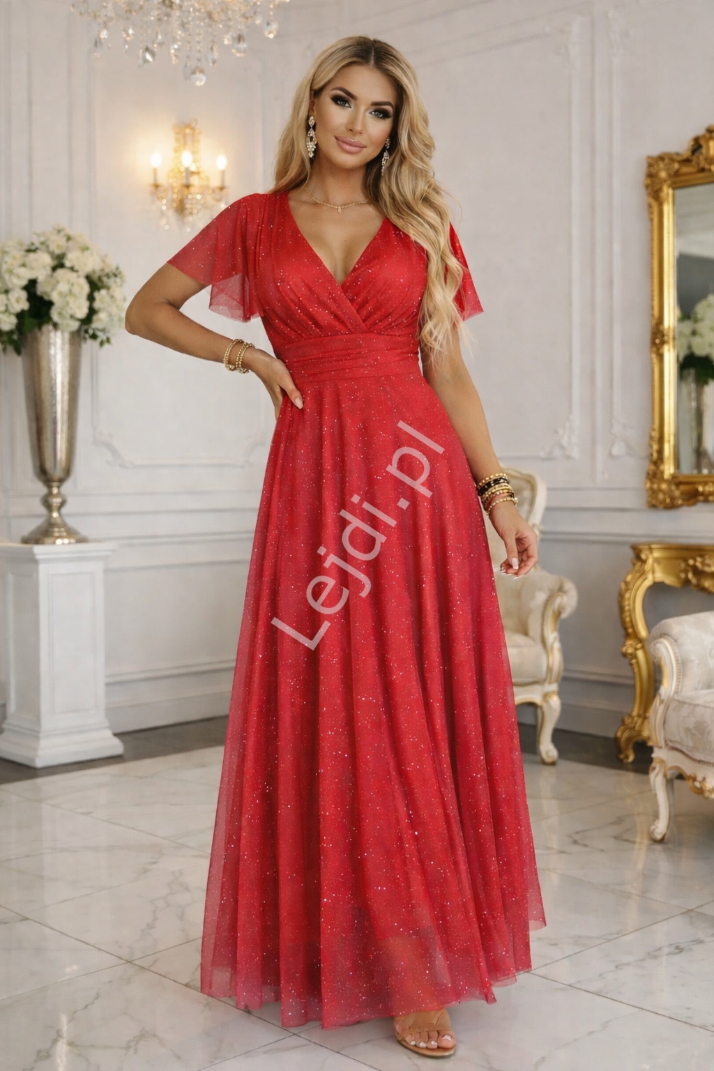 Czerwona sukienka na studniówkę, wesele, sylwestra z brokatem , wieczorowa Melani