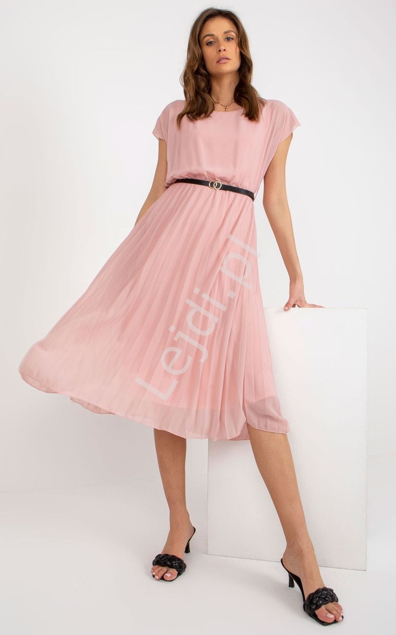Image of Zwiewna sukienka z plisowaną spódnicą, modna sukienka z paskiem - 10 kolorów, 8839