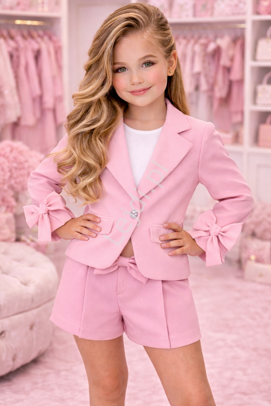 Garnitur dla dziewczynki marynarka i kr�tkie spodenki z kokardami jasny r�
