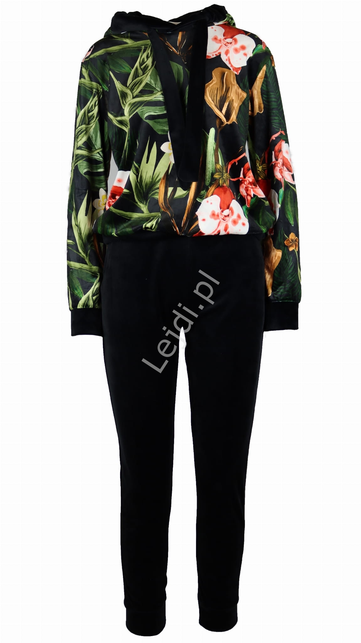 Image of Czarny dres welurowy tropical w kwiatowy wzór, stylowy dres damski w kwiaty 9903