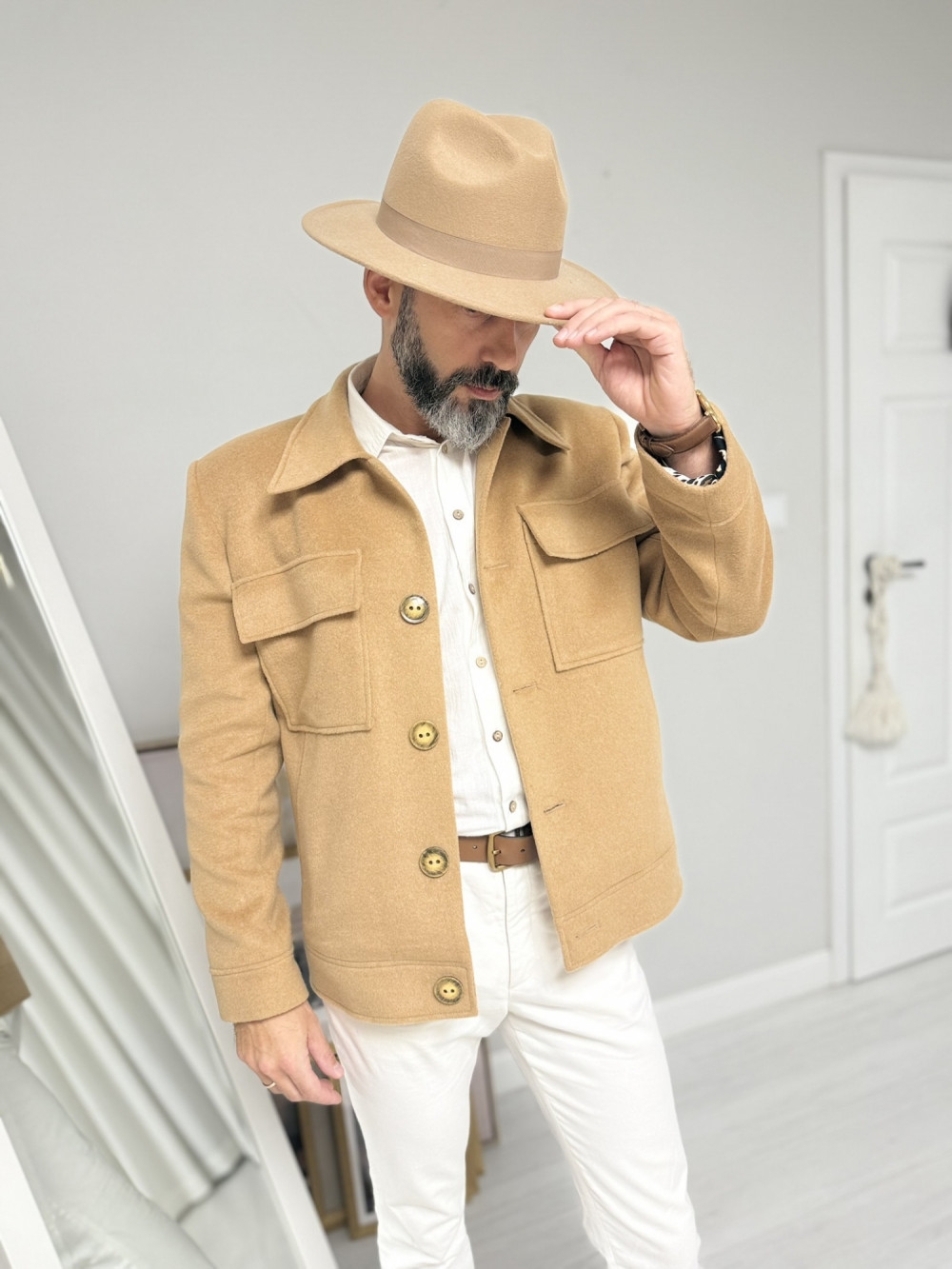 Kurtka męska jesienno zimowa z wełną Pea camel