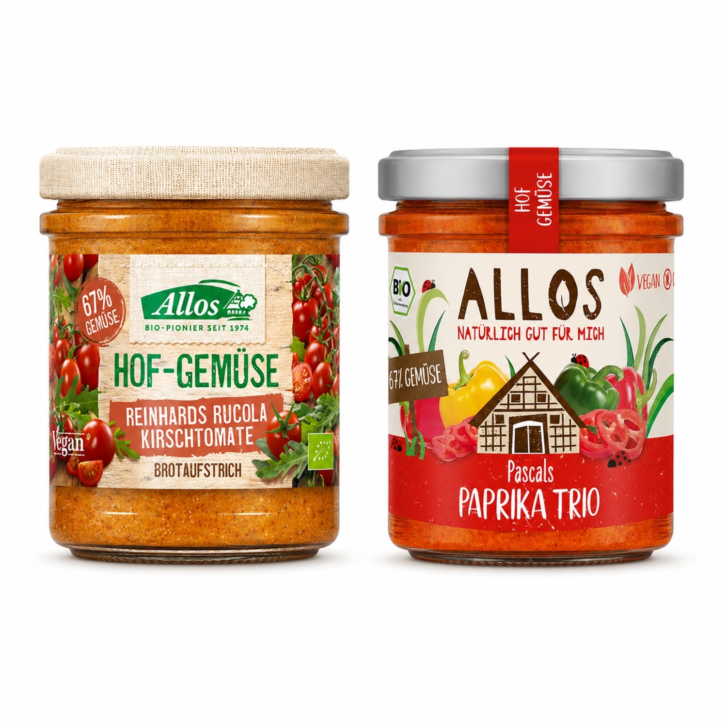 Pasta Warzywna z Pomidorami Cherry i Rukolą Bezglutenowa Bio 135 g + Pasta Warzywna z Trzema Rodzajami Papryki Bio Bezglutenowa 135 g - Allos