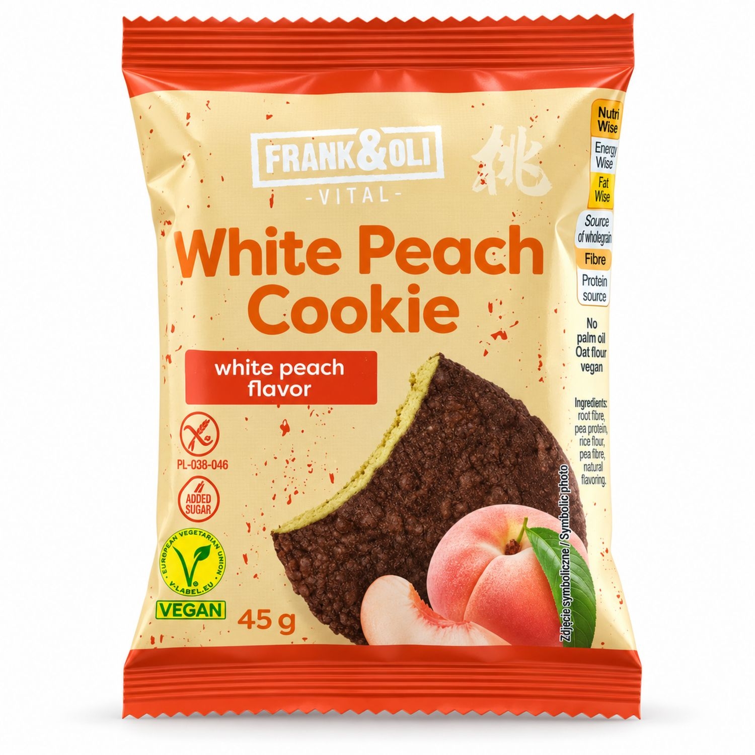 Miękkie Ciastko z Nadzieniem o Smaku Białej Brzoskwini Bezglutenowe Bez Dodatku Cukru 45 g - Frank&Oli