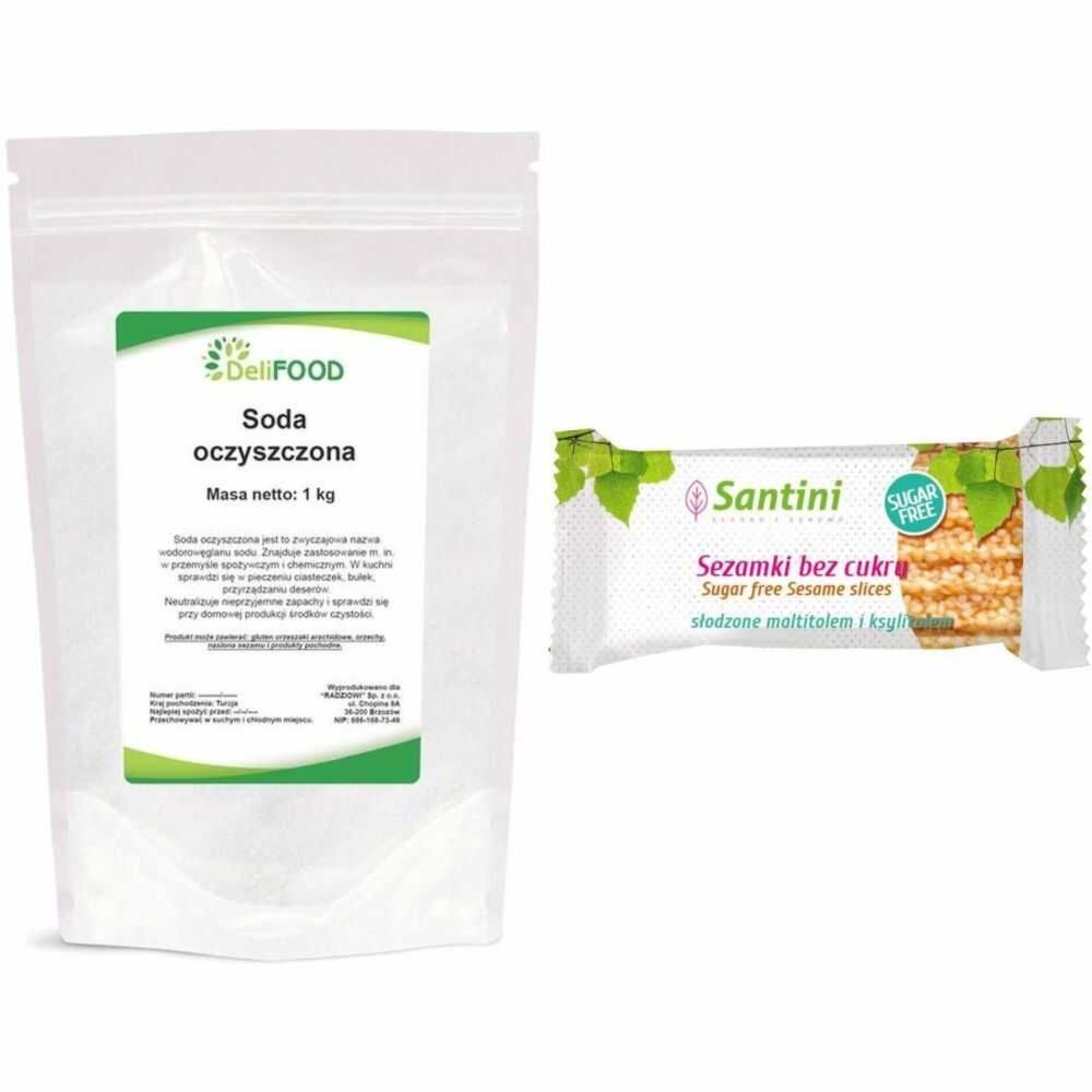 Wodorowęglan Sodu - Soda Oczyszczona 1 kg - DeliFOOD + Sezamki Bez Dodatku Cukru z Ksylitolem i Maltitolem 27 g - Santini