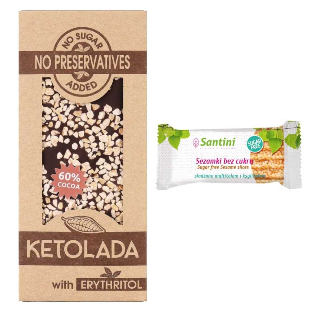 Sezamki Bez Dodatku Cukru z Ksylitolem i Maltitolem 27 g - Santini + Ketolada 60% z Erytrytolem i Migdałami 100 g