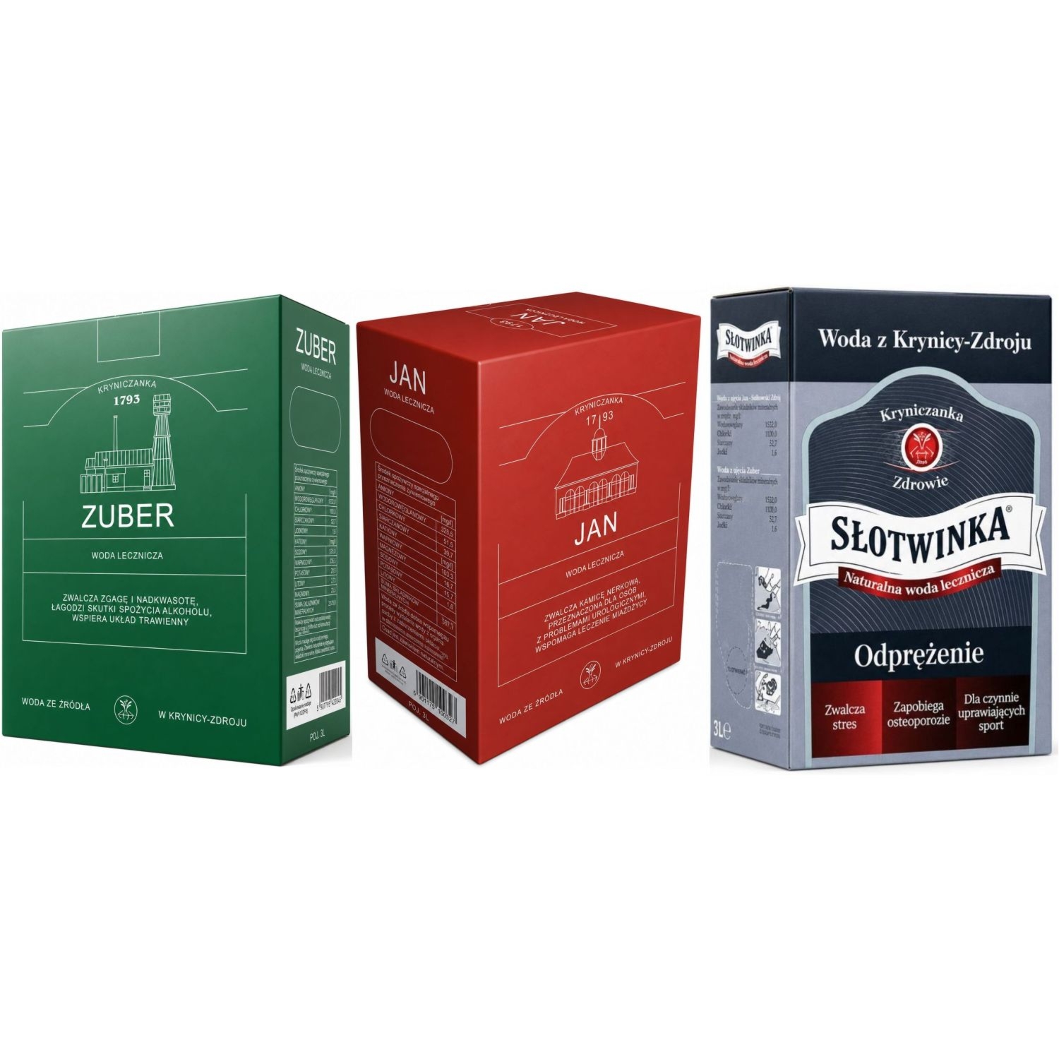 Zuber - Karton 3 l - Woda Lecznicza - Kryniczanka+ Słotwinka - Karton 3 l - Woda Lecznicza - Krynica+ JAN - Woda Lecznicza w Kartonie 3 l - Kryniczanka