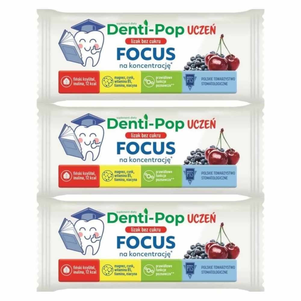 3 x Lizak Bez Dodatku Cukru FOCUS 6 g - Denti-Pop Uczeń