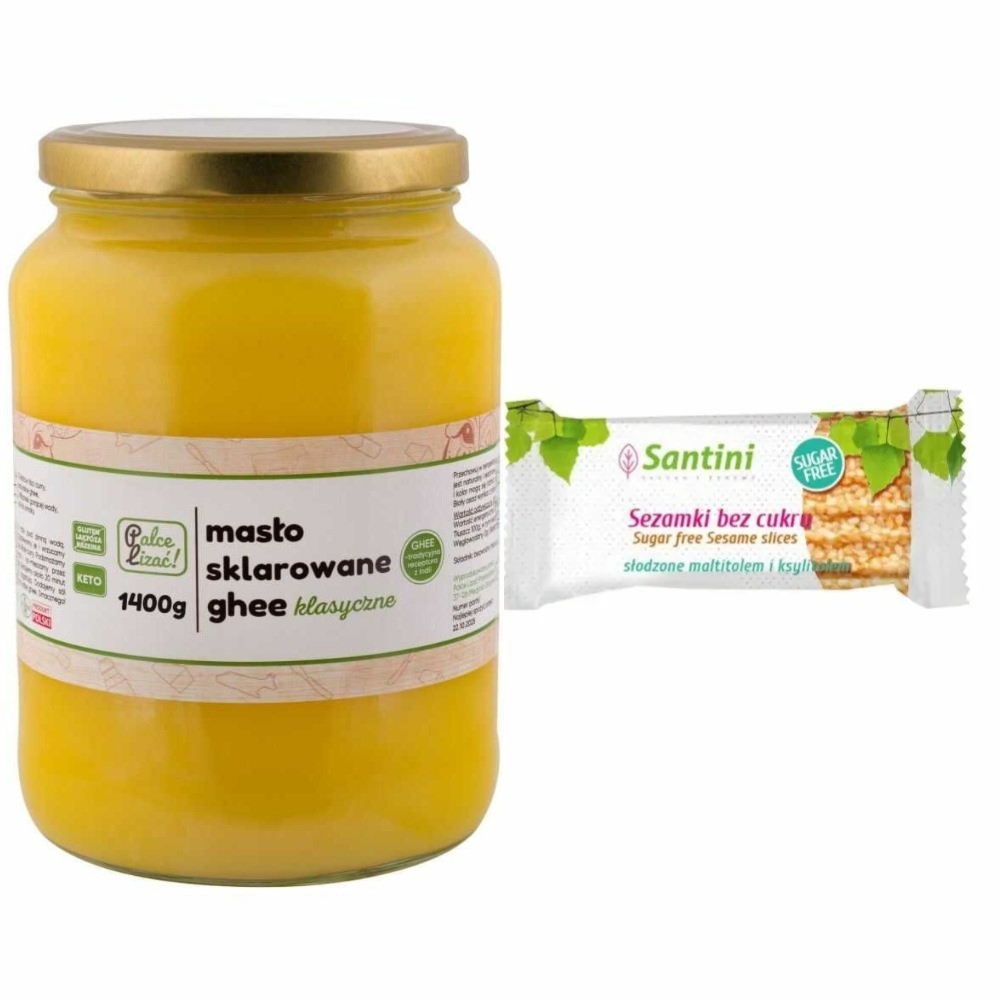 Masło Sklarowane Ghee Klasyczne 1400 g (1600 ml) - Palce Lizać + Sezamki Bez Dodatku Cukru z Ksylitolem i Maltitolem 27 g - Santini
