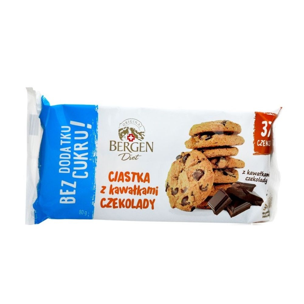 Ciastka z Kawałkami Czekolady Bez Dodatku Cukru 80 g - Bergen Diet