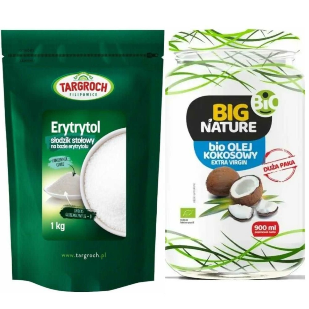 Erytrol (Erytrytol) 1 kg - Targroch + Olej Kokosowy Extra Virgin Nierafinowany Zimnotłoczony Bio 900 ml - Big Nature