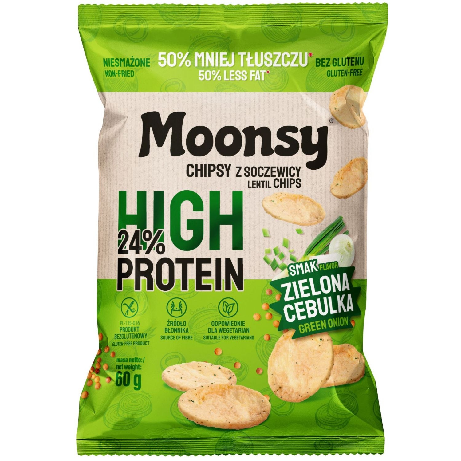Chipsy z Soczewicy Zielona Cebulka Bezglutenowe 60 g - Moonsy