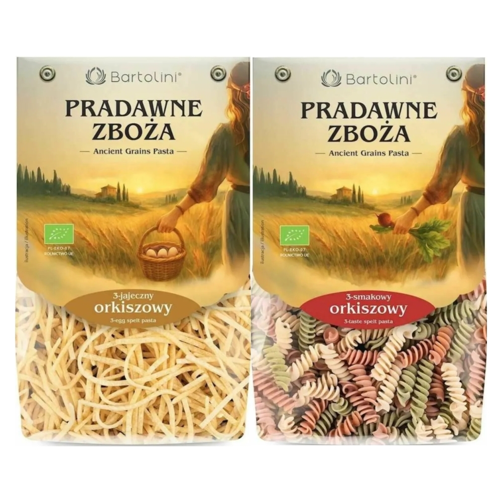 Makaron Orkiszowy 3-Jajeczny Krajanka Średnia EKO 250 g + Makaron Orkiszowy 3-Smakowy Świderek nr 5 EKO 250 g - Bartolini Pradawne Zboża