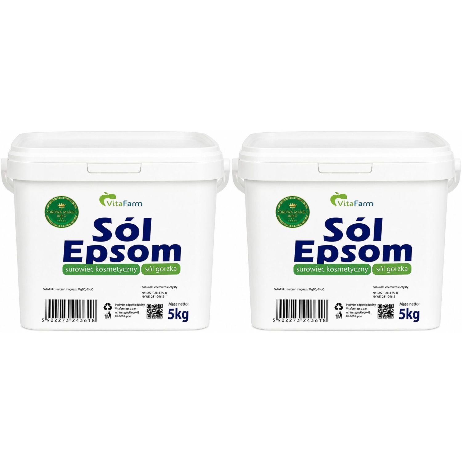 Zestaw 2 x Sól Epsom (Siarczan Magnezu)- Sól Gorzka Wiadro 5 kg - VitaFarm