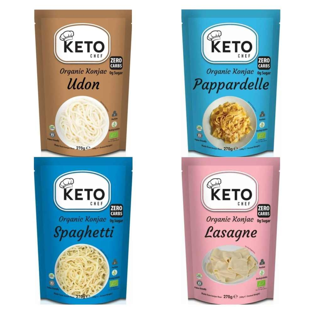 KETO Makaron Konjac UDON Bio 270/200 g + Makaron Keto (Konjac Typu Noodle Pappardelle) Bio 270 g (200 g) + Makaron Keto (Konjac Typu Noodle Spaghetti) Bio 270 g (200 g) + Makaron Keto (Konjac Typu Noodle Lasagne)  Bio 270 g (200 g)  - Keto Chef