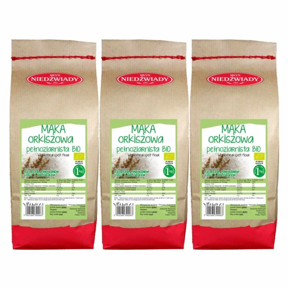 3 x Mąka Orkiszowa Pełnoziarnista  Eko 1 kg - Młyn Niedźwiady