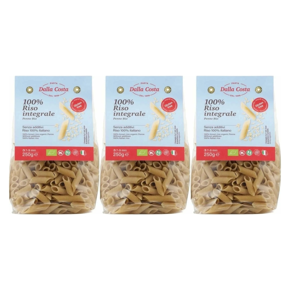 3 x Makaron Ryżowy Razowy Penne Bezglutenowy Bio 250 g - Dalla Costa