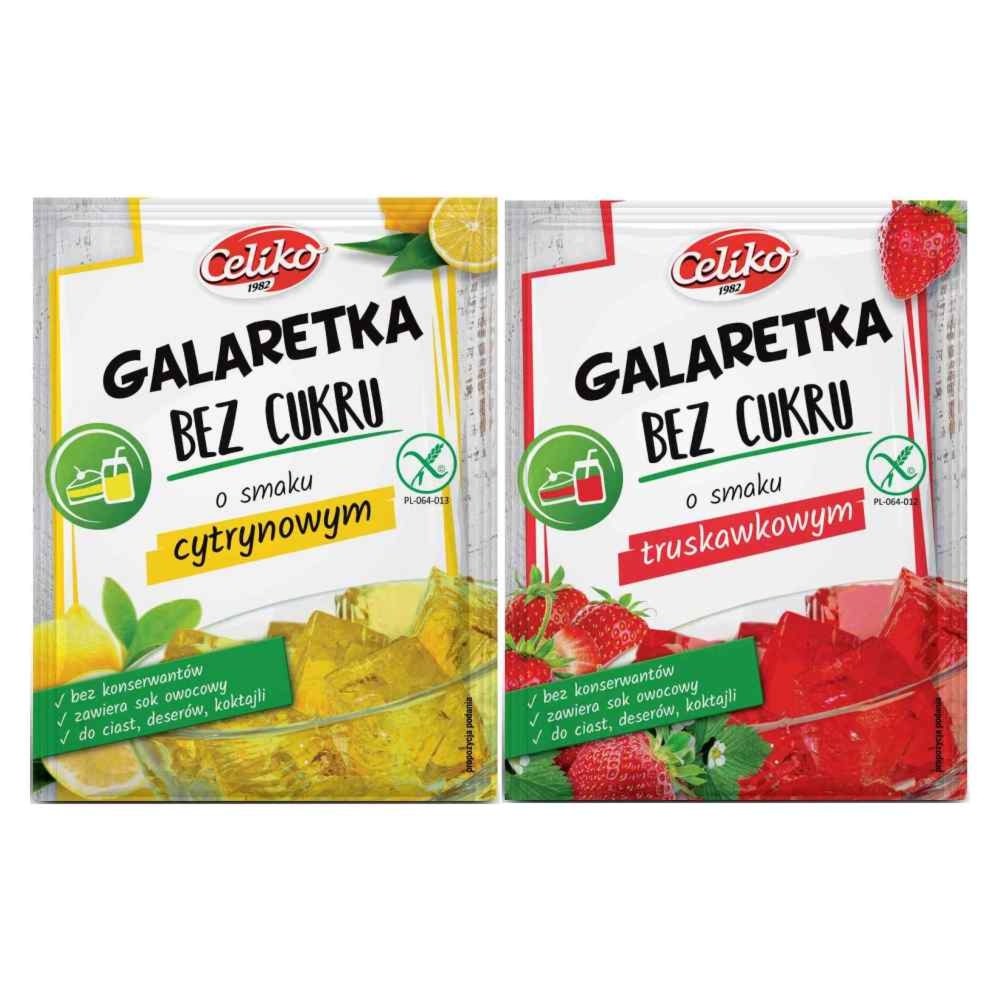 Zestaw Galaretka o Smaku Cytrynowym Bez Dodatku Cukru Bezglutenowa 14 g - Celiko +  Galaretka o Smaku Truskawkowym Bez Dodatku Cukru Bezglutenowa 14 g - Celiko