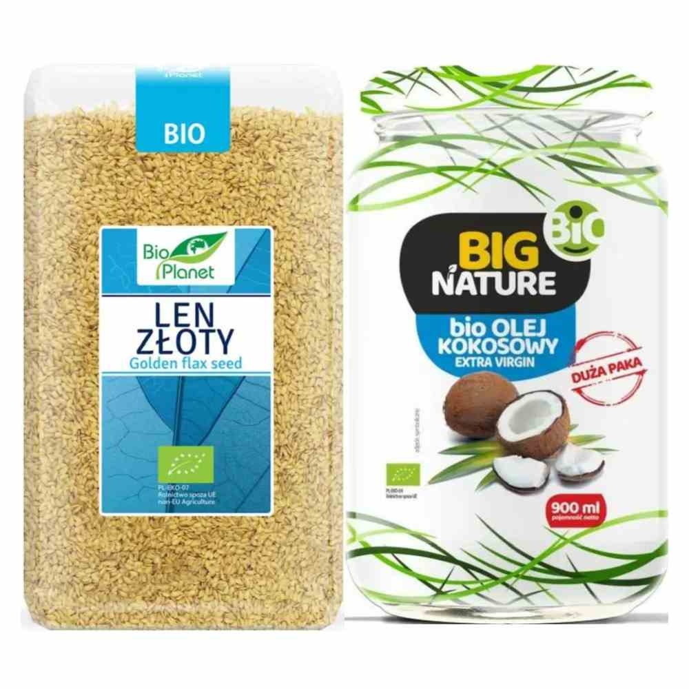 Len Złoty Bio 1 kg - Bio Planet + Olej Kokosowy Extra Virgin Nierafinowany Zimnotłoczony Bio 900 ml - Big Nature