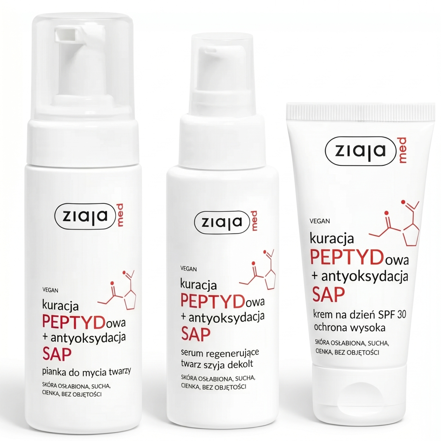 Krem na Dzień SPF30 KURACJA PEPTYDOWA 50 ml + Pianka do Mycia Twarzy KURACJA PEPTYDOWA 150 ml + Serum Regenerujące Twarz, Szyja i Dekolt KURACJA PEPTYDOWA 50 ml - Ziaja MED