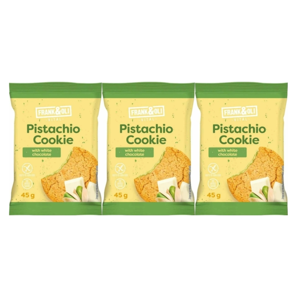 3 x Ciastko Pistacjowe z Białą Czekoladą Bez Dodatku Cukru Bezglutenowe 45 g - Frank and Oli