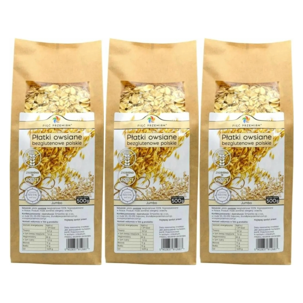 3 x Płatki Owsiane Bezglutenowe JUMBO Polskie 500 g - Pięć Przemian