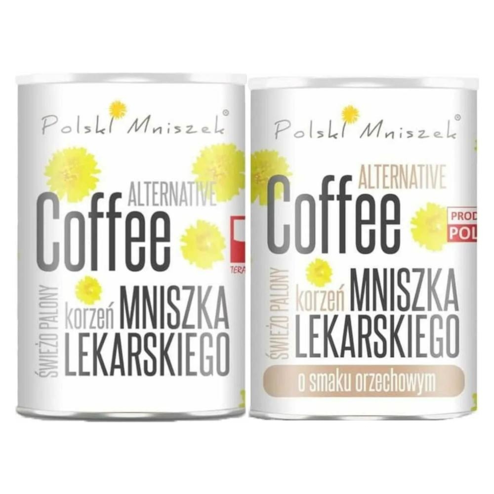Kawa z Mniszka Lekarskiego o Smaku Naturalnym 150 g - Polski Mniszek + Kawa z Korzenia Mniszka Lekarskiego Smak Orzechowy Bezkofeinowa 150 g - Polski Mniszek