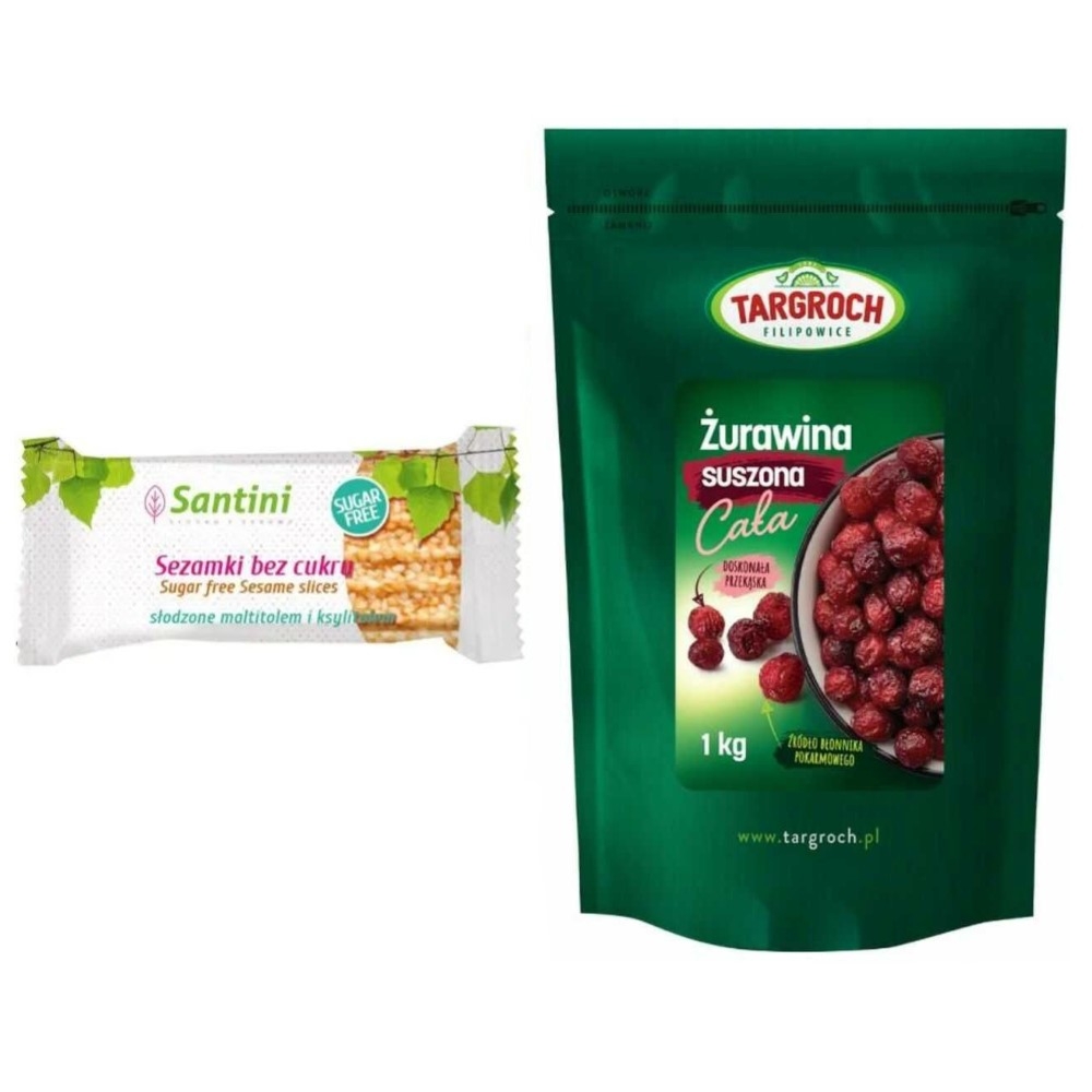 Zestaw Żurawina Suszona Cała 1 kg - Targroch + Sezamki Bez Dodatku Cukru z Ksylitolem i Maltitolem 27 g - Santini