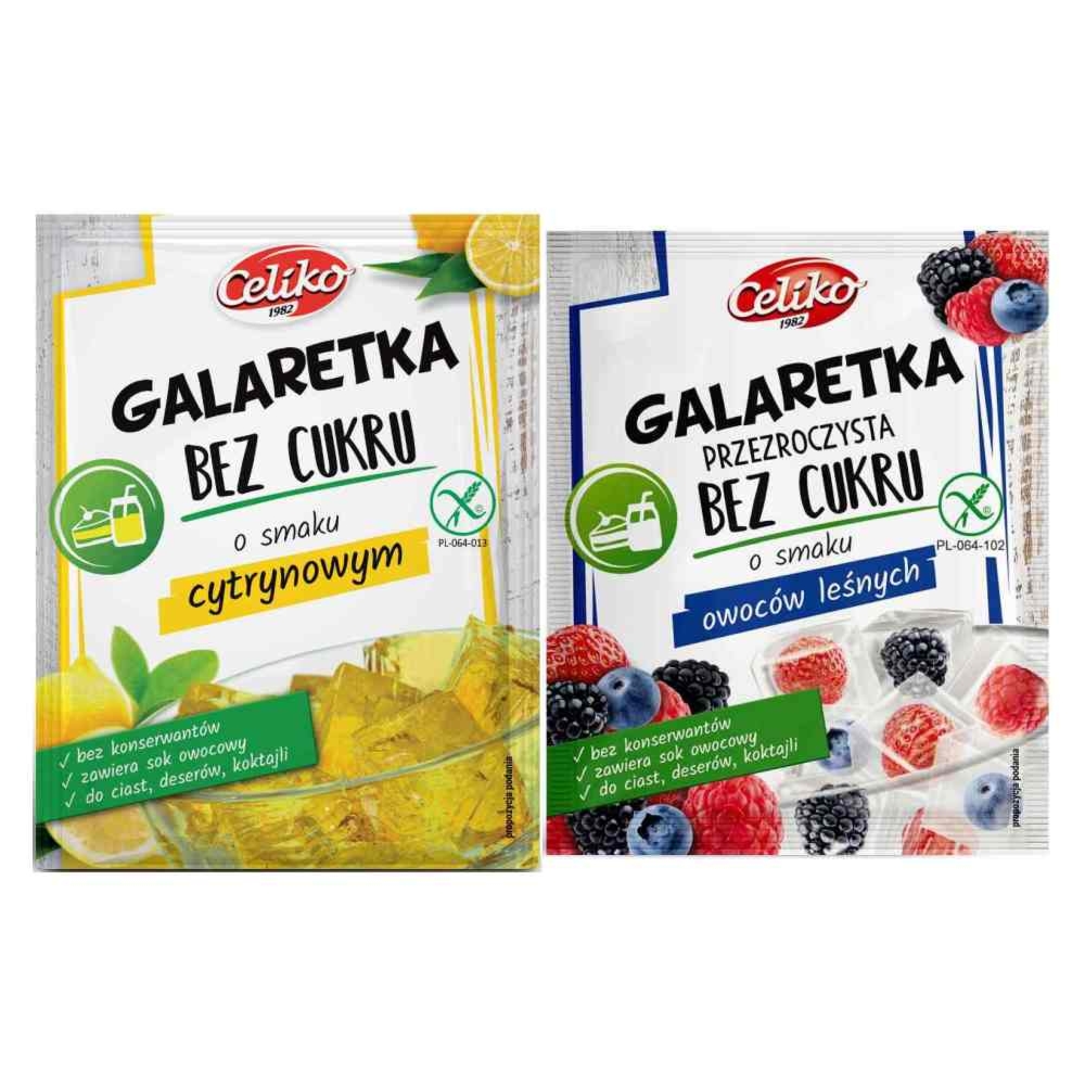 Zestaw Galaretka Przezroczysta  o Smaku Owoców Leśnych 14 g +  Galaretka o Smaku Cytrynowym Bez Dodatku Cukru Bezglutenowa 14 g - Celiko