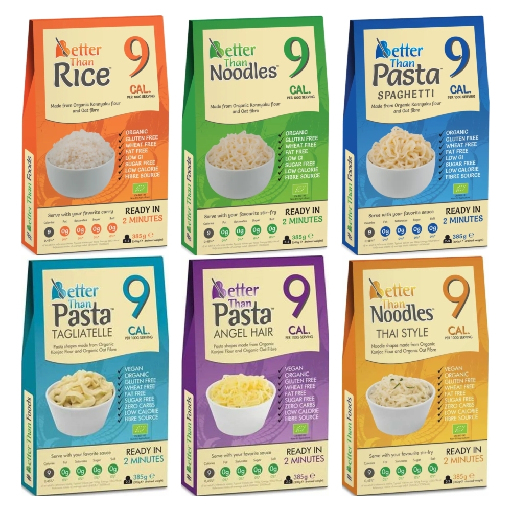 Makaron Konjac w Kształcie Ryżu Bio 385 g (300 g) + Makaron Konjac Noodle B/G Bio 385g + Makaron Konjac Spaghetti B/G Bio 385g + Makaron Konjac Tagliatelle B/G Bio 385g + Makaron Konjac Angel Hair Bio 385g + Makaron Konjac Noodle Thai Style B/G Bio 385g