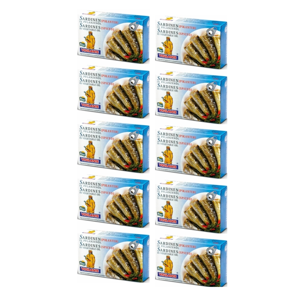 10 x Sardynki Pikantne w Oleju Słonecznikowym 120 g (88 g) - Vigilante
