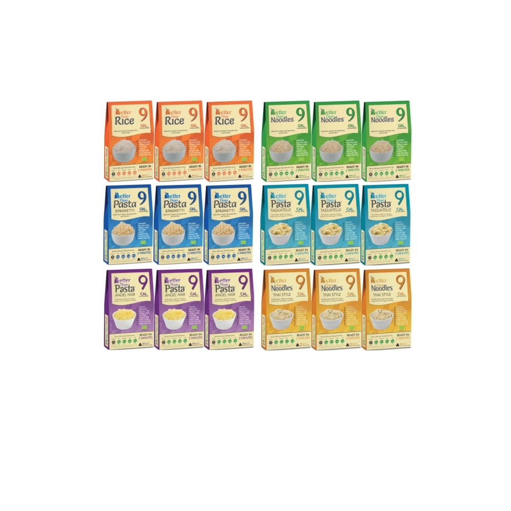3 x Makaron Konjac w Kształcie Ryżu Bio 385 g (300 g) + 3 x Makaron Konjac Noodle B/G Bio 385g + 3 x Makaron Konjac Spaghetti B/G Bio 385g + 3 x Makaron Konjac Tagliatelle B/G Bio 385g + 3 x Makaron Konjac Angel Hair Bio 385g + 3 x Makaron Konjac Noodle T