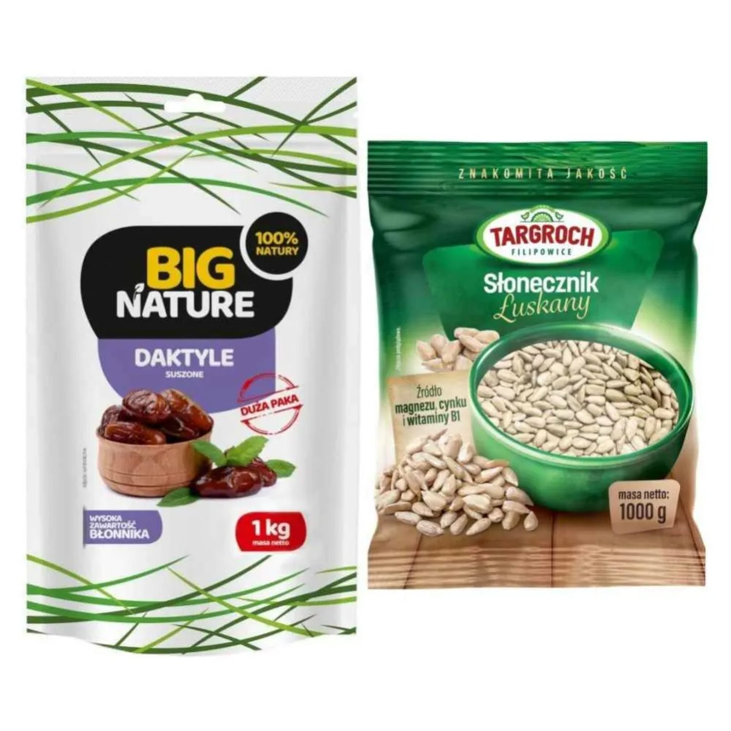 Zestaw Daktyle Suszone Bez Pestek 1 kg -  Big Nature + Słonecznik Łuskany 1 kg - Targroch