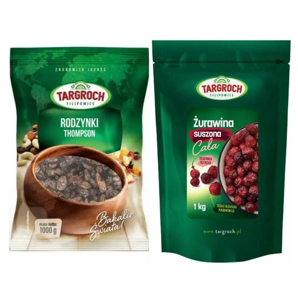 Rodzynki Thompson Niesiarkowane 1 kg - Targroch + Żurawina Suszona Cała 1 kg - Targroch