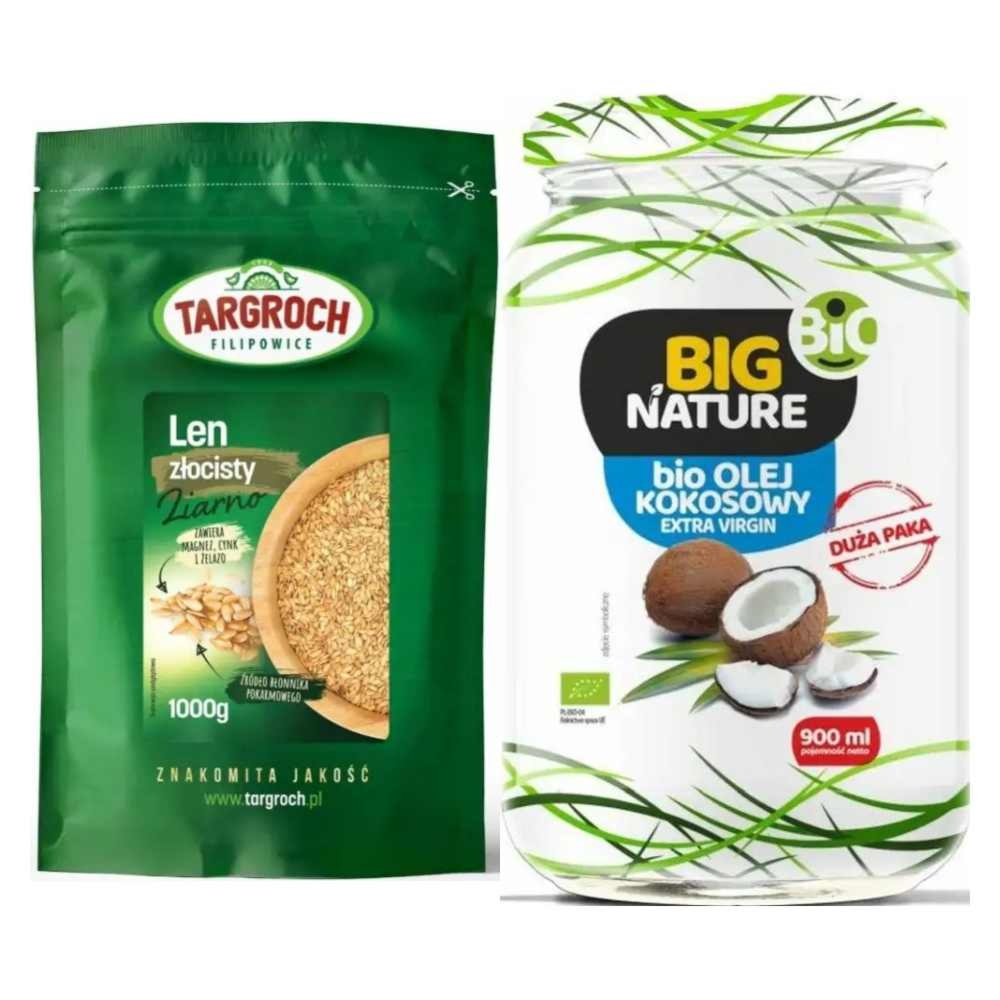 Len Złoty Ziarno Siemię Lniane Złote 1 kg -  Targroch + Olej Kokosowy Extra Virgin Nierafinowany Zimnotłoczony Bio 900 ml - Big Nature