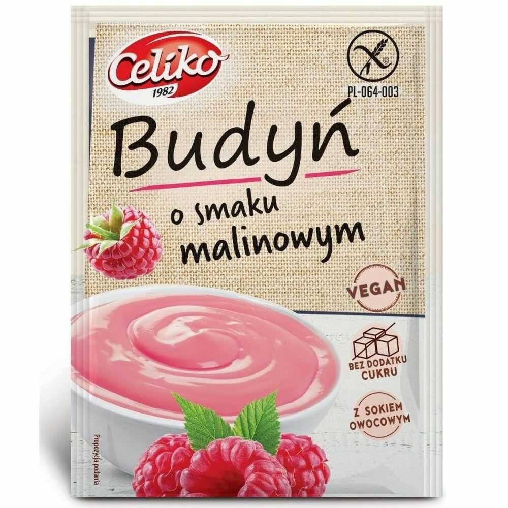 Budyń o Smaku Malinowym Bezglutenowy Bez Dodatku Cukru 40 g - Celiko