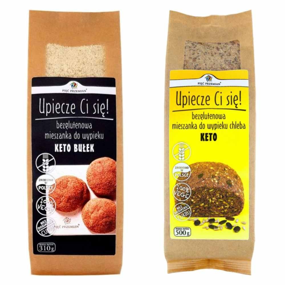 Zestaw Mieszanka do Wypieku Keto Bułek Bezglutenowa 310 g - Pięć Przemian +  Mieszanka Chleba Bezglutenowego Keto 500 g - Pięć Przemian