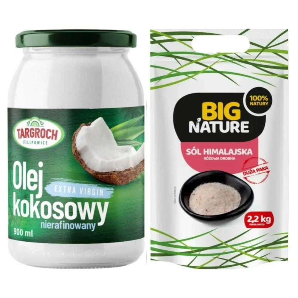 Olej Kokosowy Extra Virgin Nierafinowany 900 ml - Targroch + Sól Himalajska Różowa Drobna 2,2 kg - Big Nature