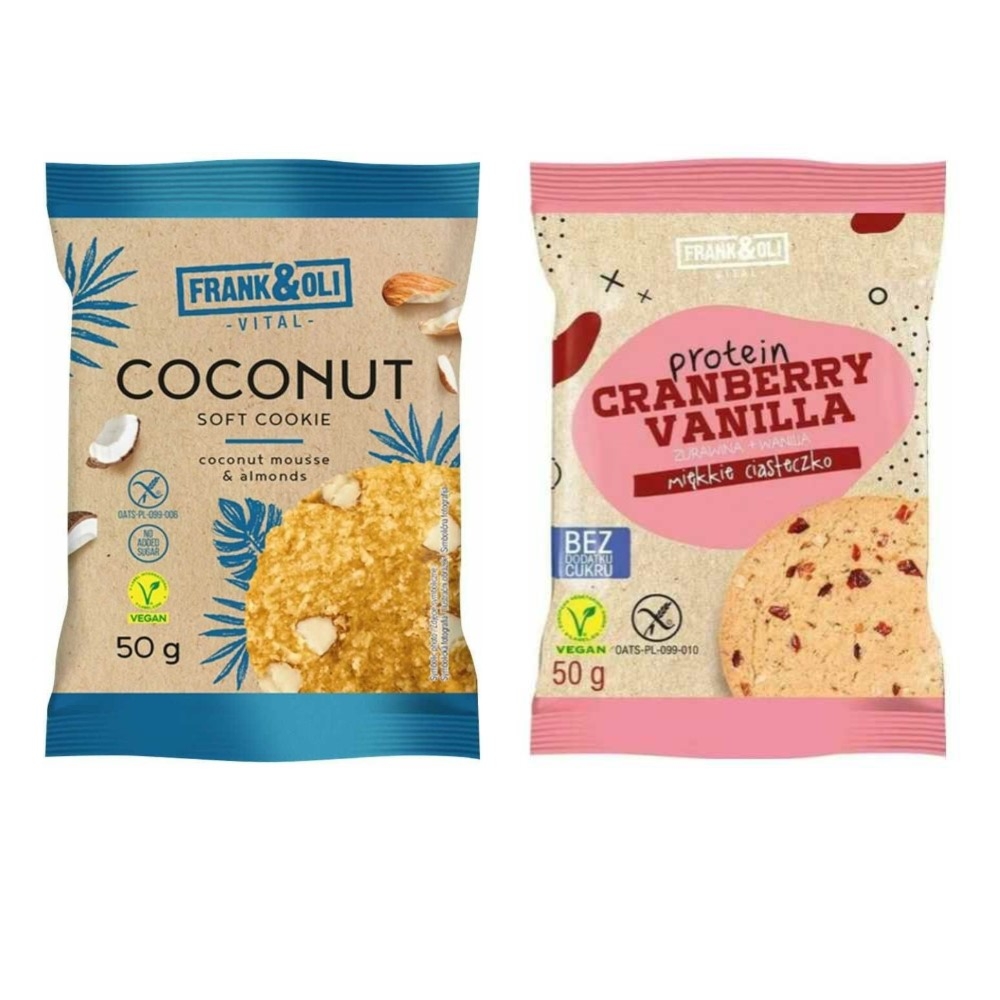 Ciasteczko Kokosowe z Migdałami Bezglutenowe Bez Dodatku Cukru 50 g+ Ciastko Proteinowe Żurawina i Wanilia Bez Dodatku Cukru Bezglutenowe 50 g - Frank&Oli