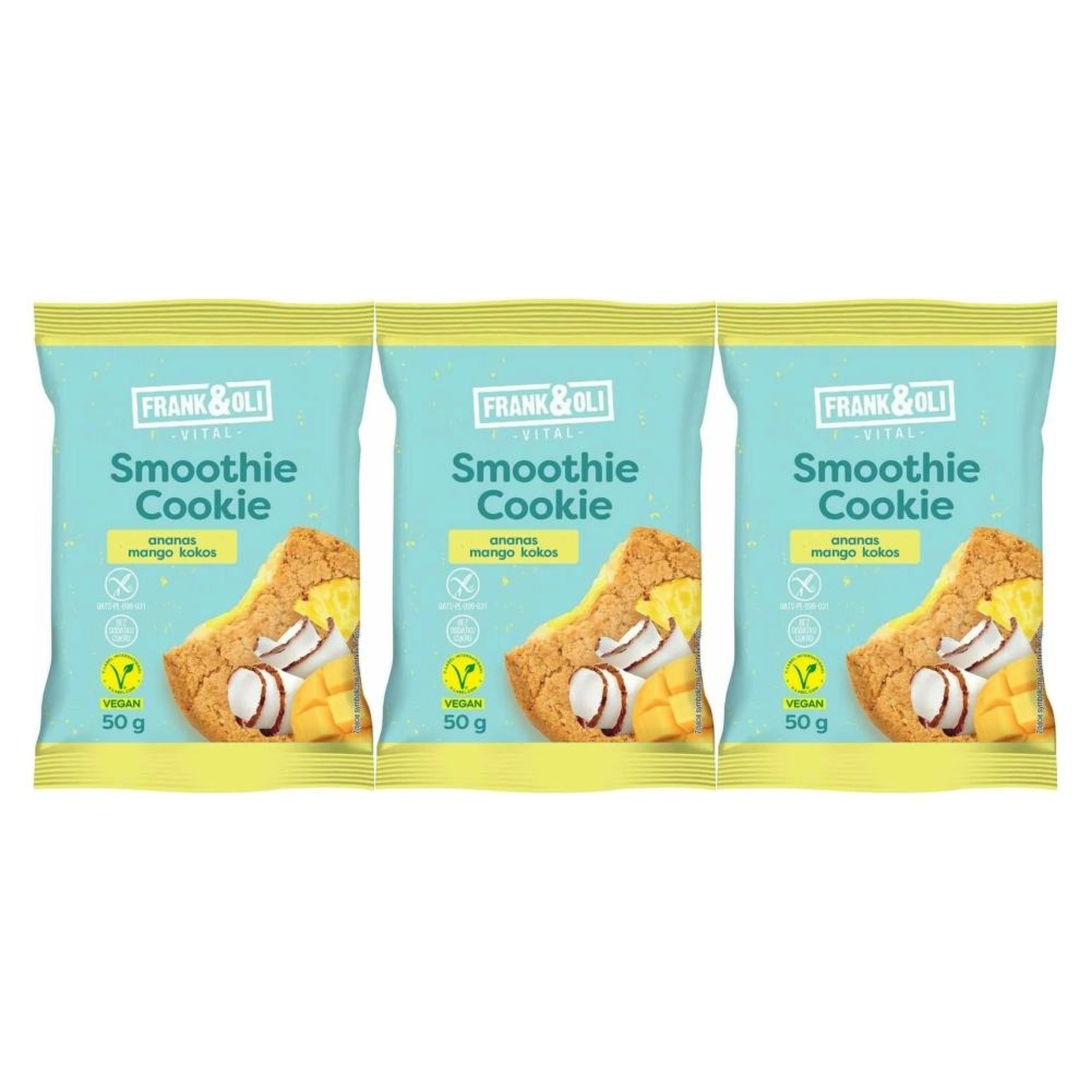 3 x Ciastko Owsiane z Nadzieniem z Kokosa, Ananasa i Mango Bezglutenowe Bez Dodatku Cukru 50 g - Frank andOli