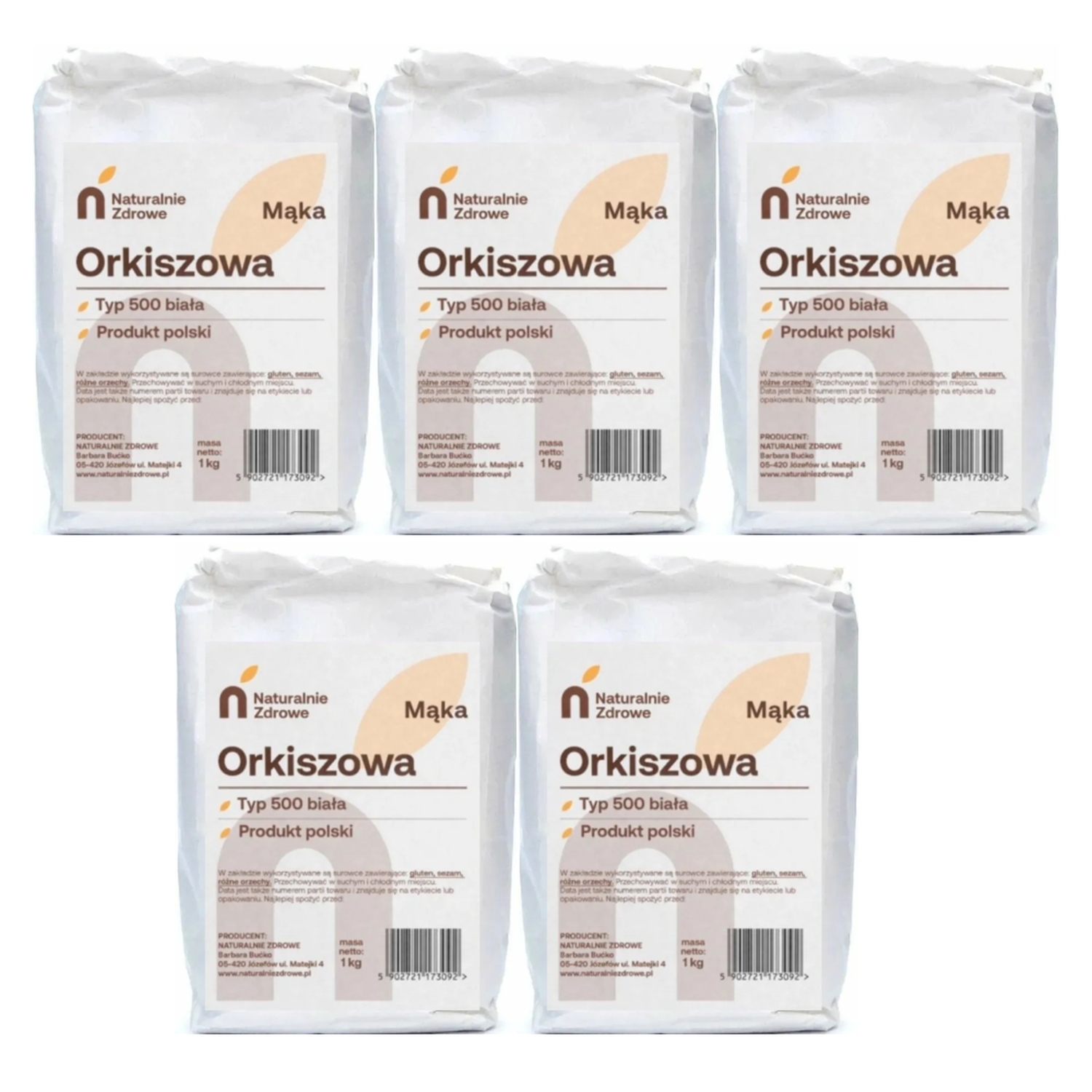 5 x Mąka Orkiszowa Biała Typ 500 1kg - Naturalnie Zdrowe